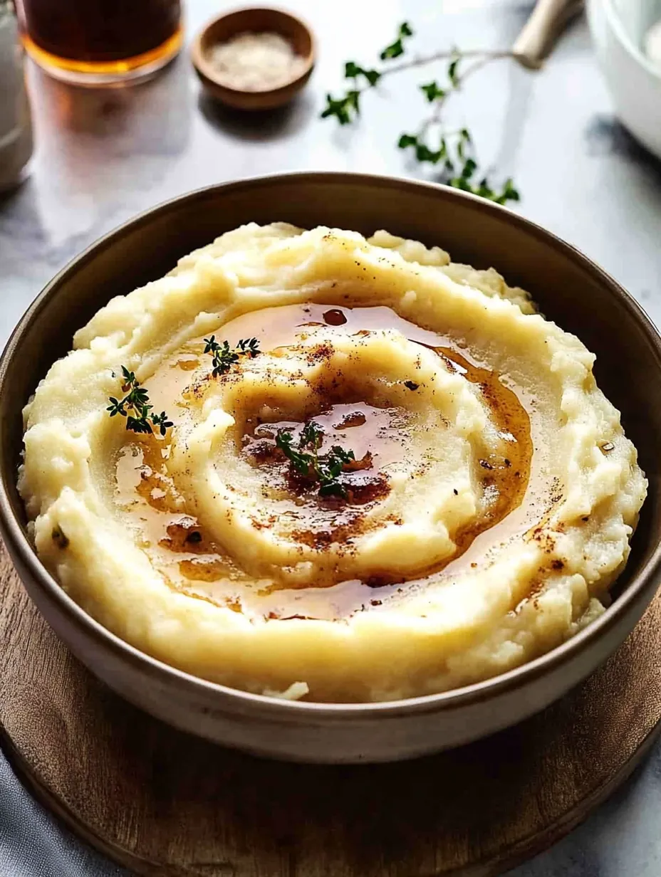 A bowl of mashed potatoes with butter and herbs.
