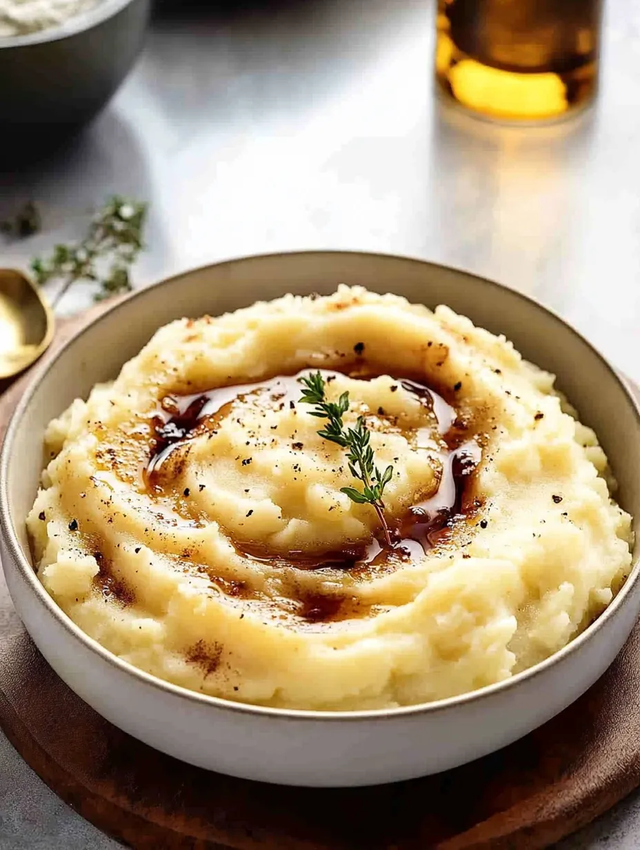 A bowl of mashed potatoes with a sprig of parsley on top.