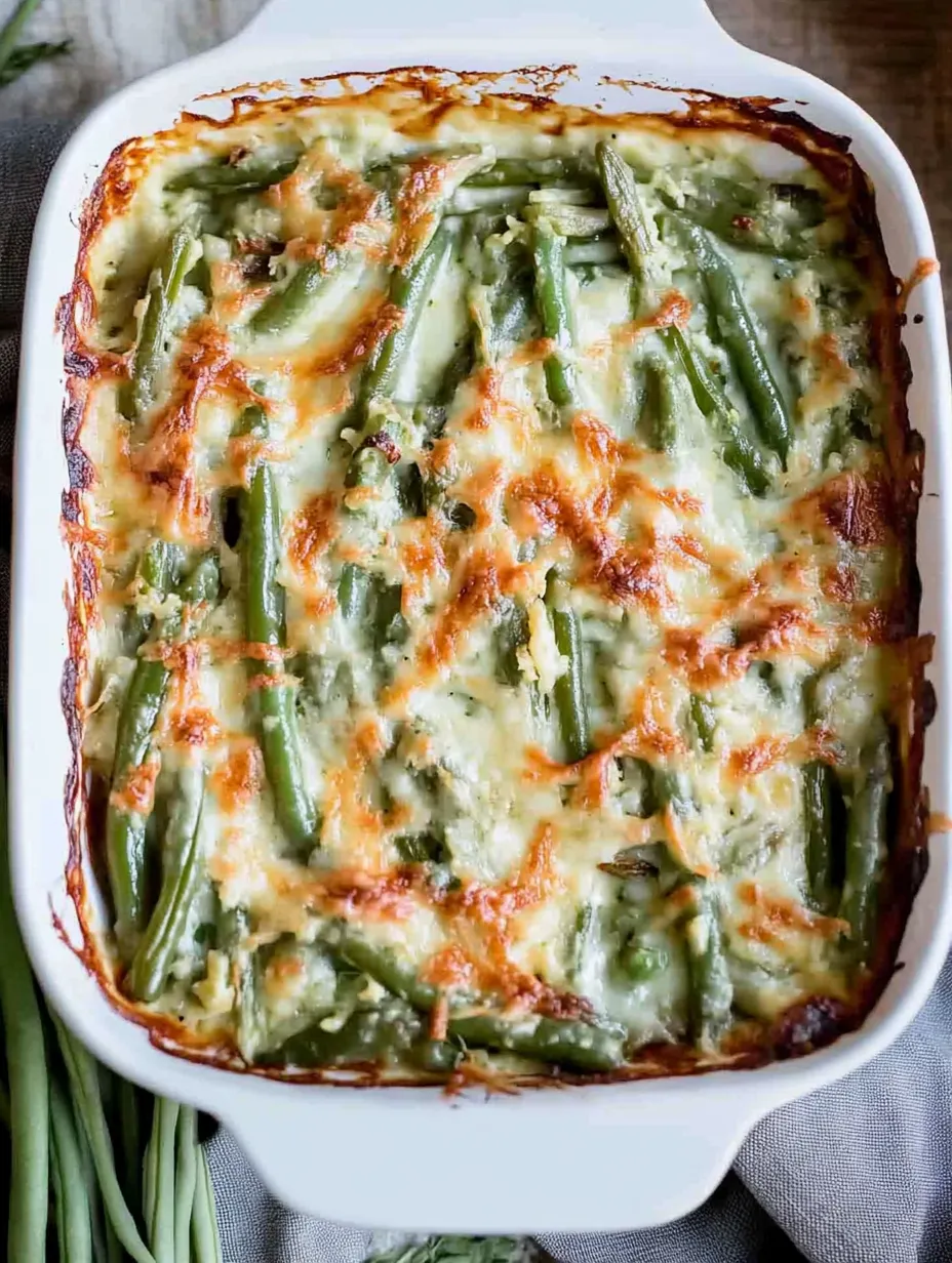 A dish of green beans and cheese.