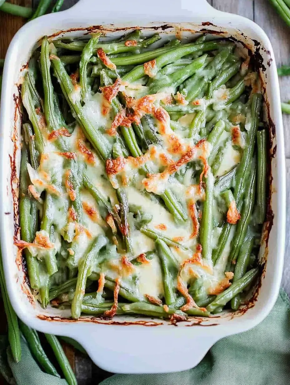 A dish of green beans with cheese and bacon.