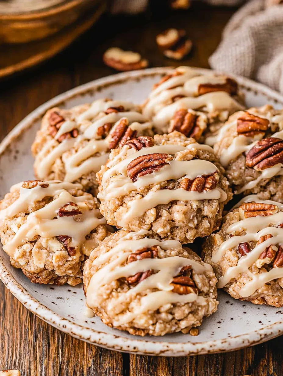 Maple pecan no bake cookies on a plate.