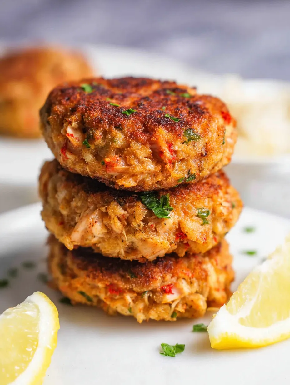 Three crab cakes stacked on top of each other.