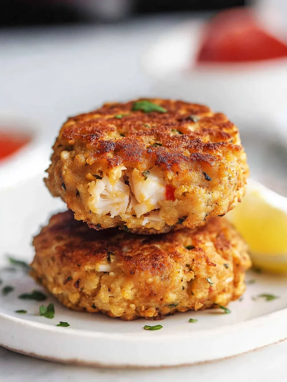 Two crab cakes stacked on top of each other.