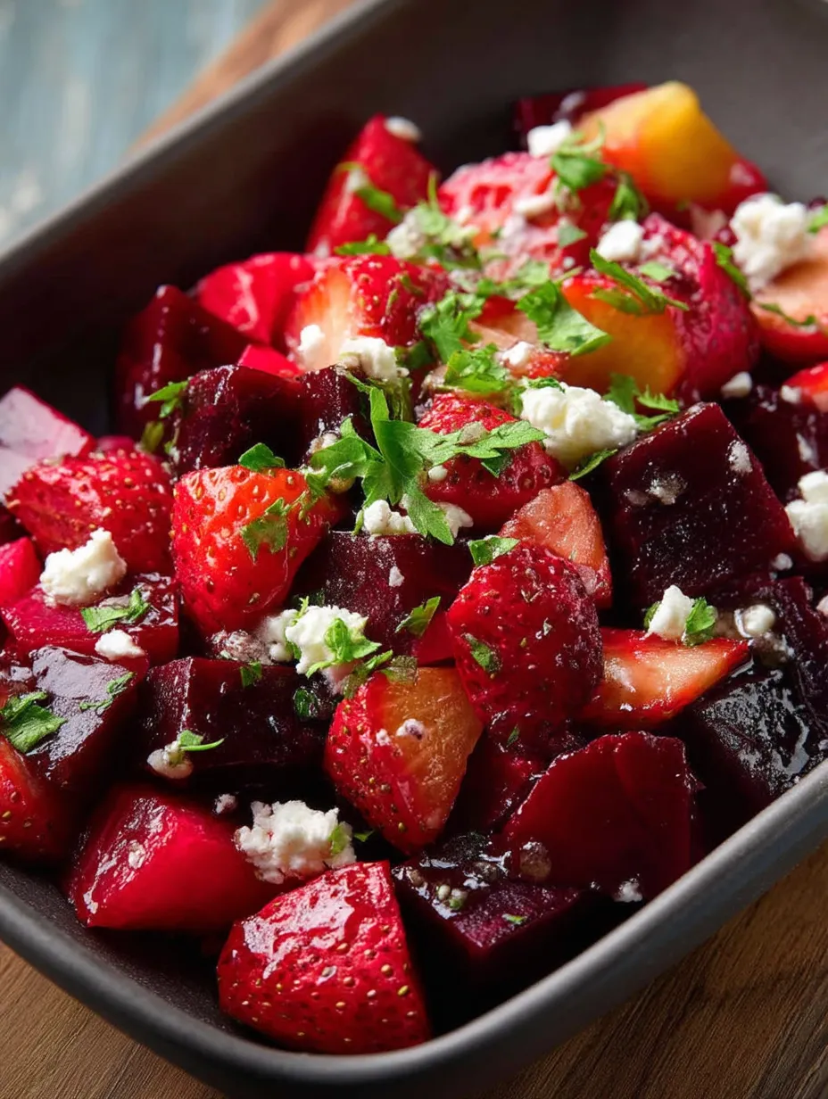 A bowl of beets with strawberries and feta cheese.