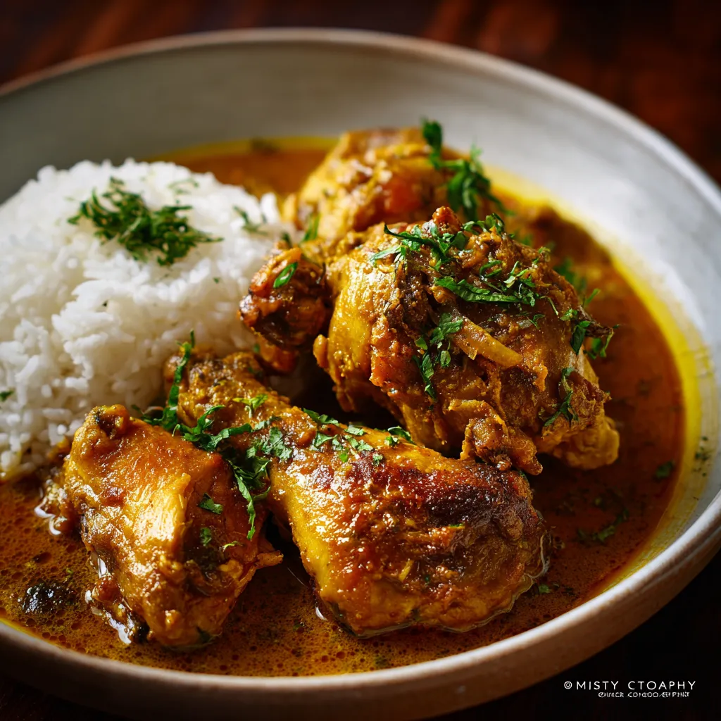 A plate of chicken with rice and herbs.