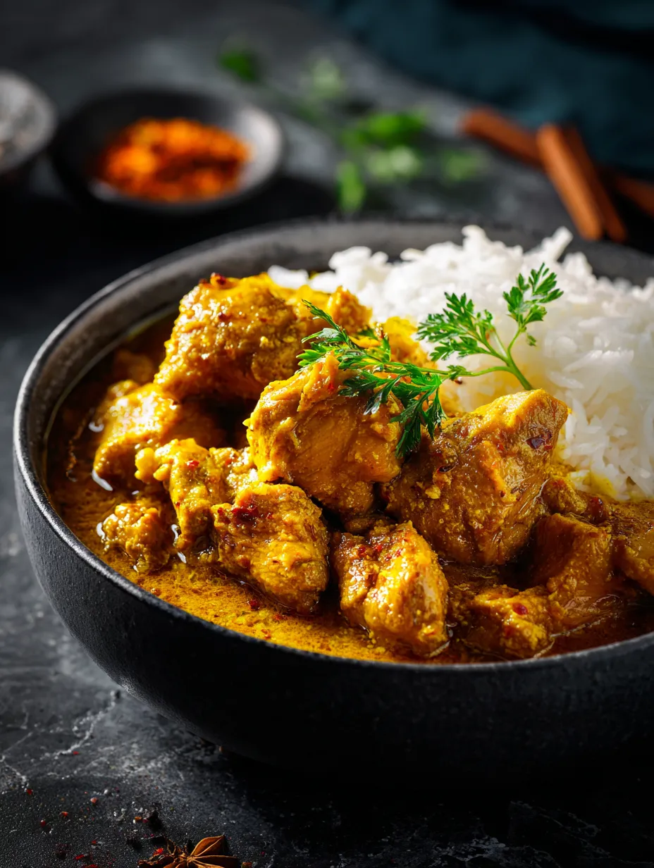 A bowl of chicken curry with rice.
