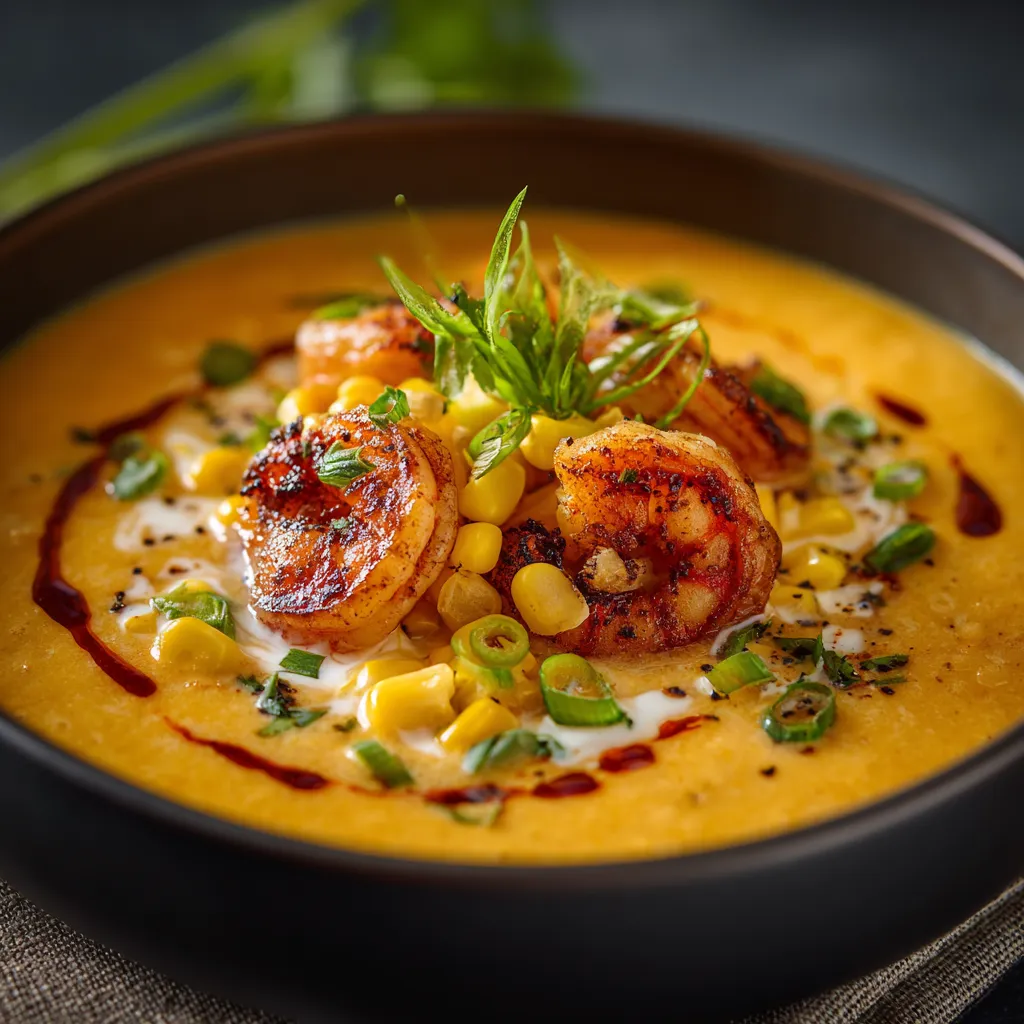 A bowl of soup with shrimp and corn.