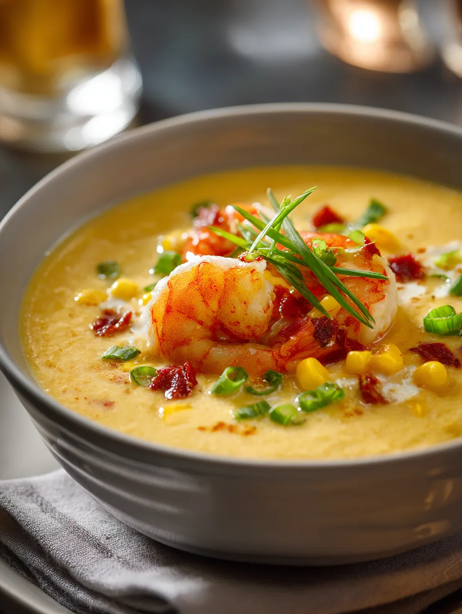 A bowl of soup with shrimp and corn.