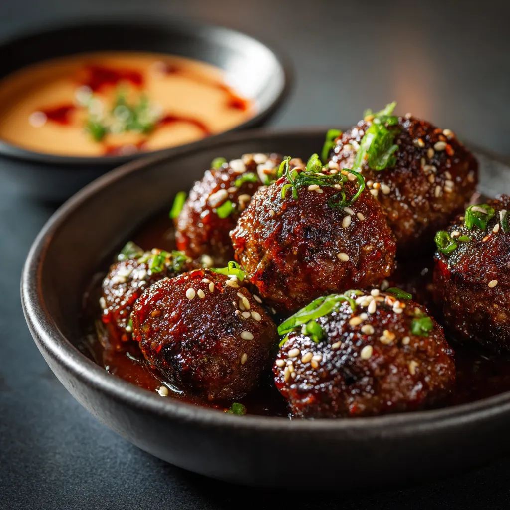 A bowl of meatballs with spicy mayo dip.