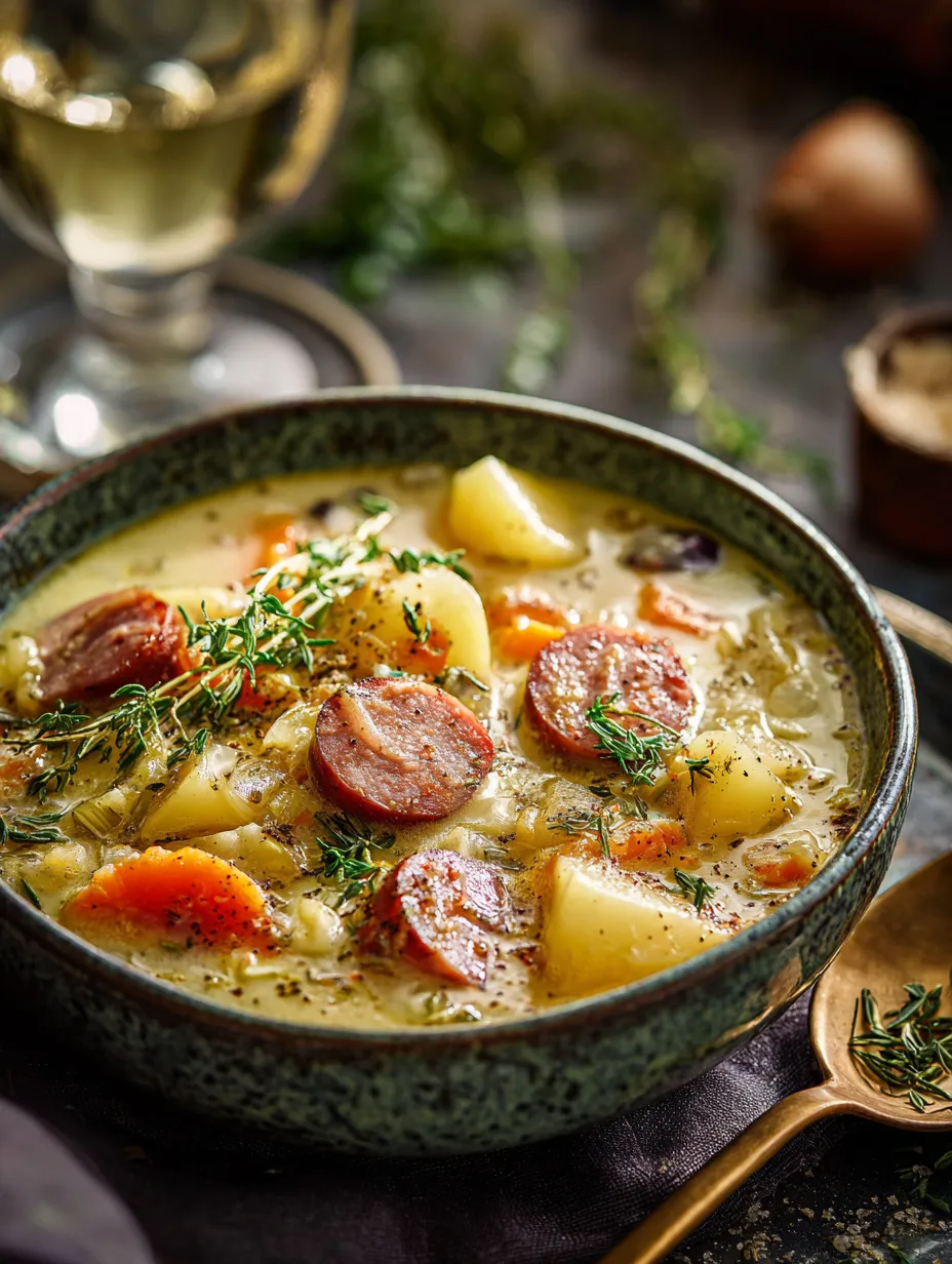 A bowl of potato and sausage chowder.