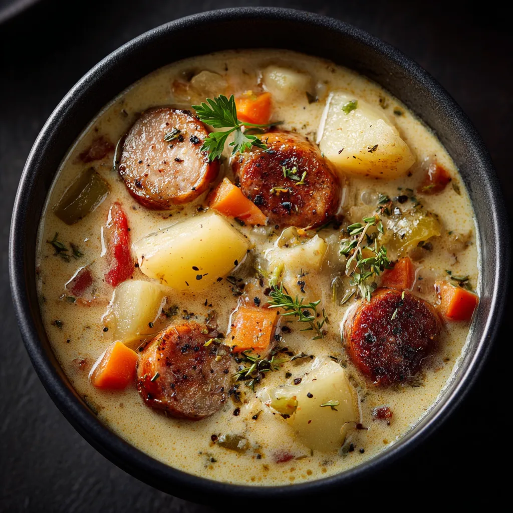 A bowl of potato and sausage chowder.