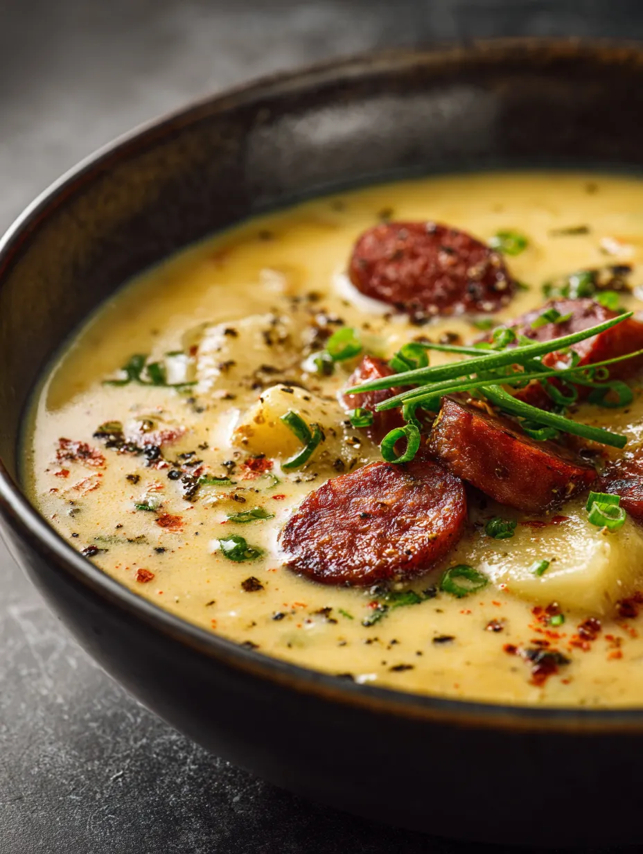 A bowl of potato and sausage chowder.