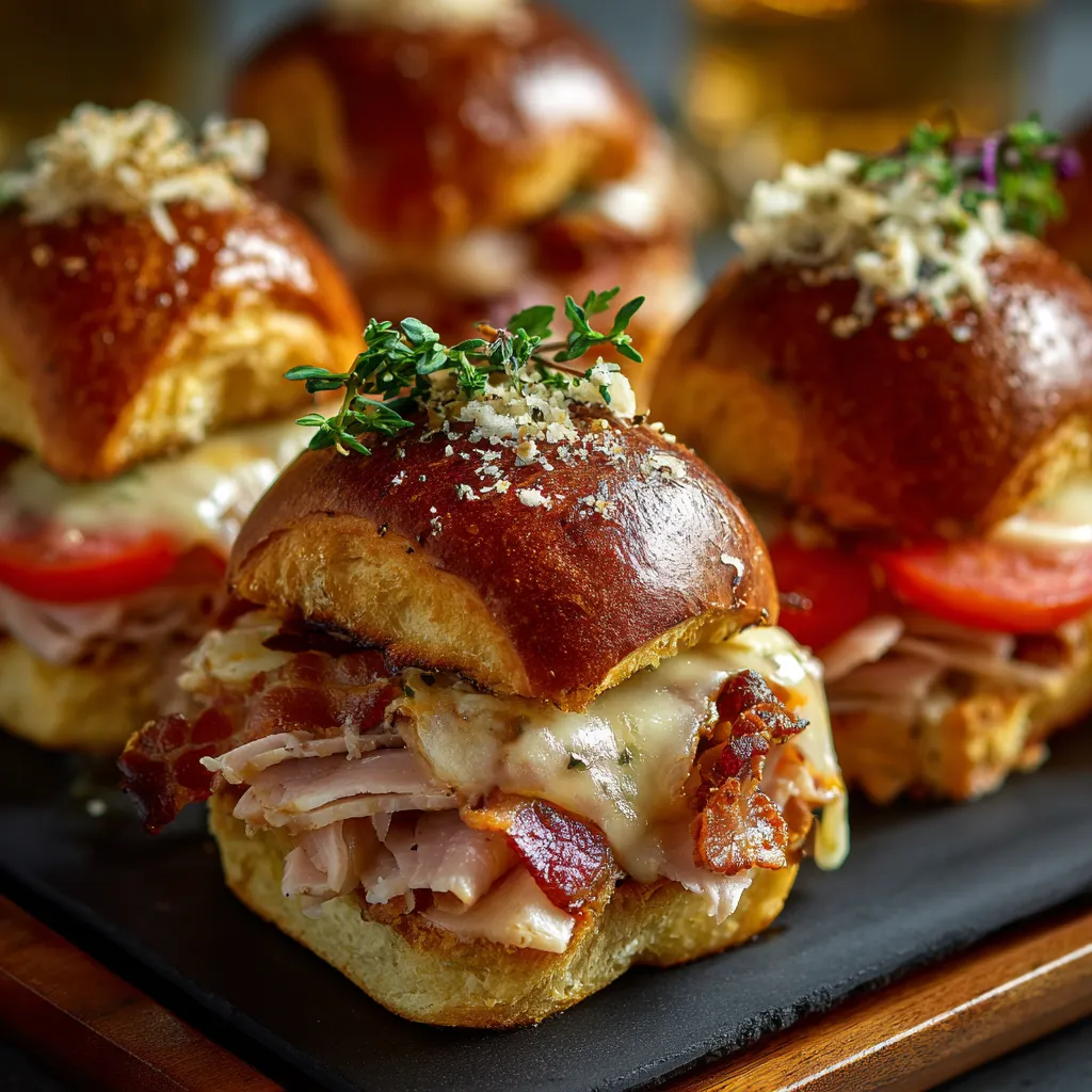 A plate of Kentucky Hot Brown Sliders.