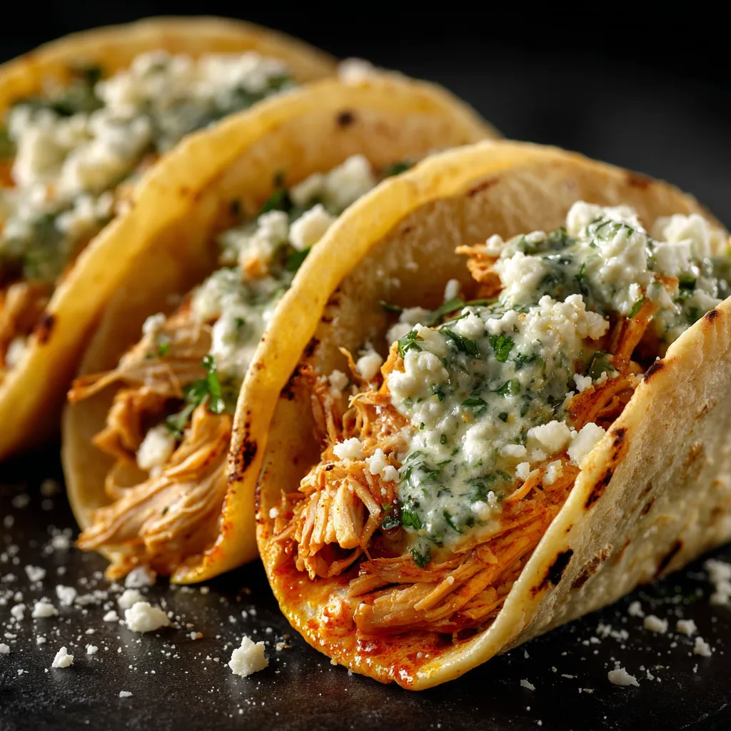 Three tacos with shredded chicken and creamy chimichurri sauce.