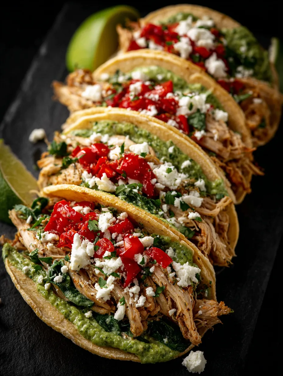 A plate of shredded chicken tacos with creamy chimichurri sauce.