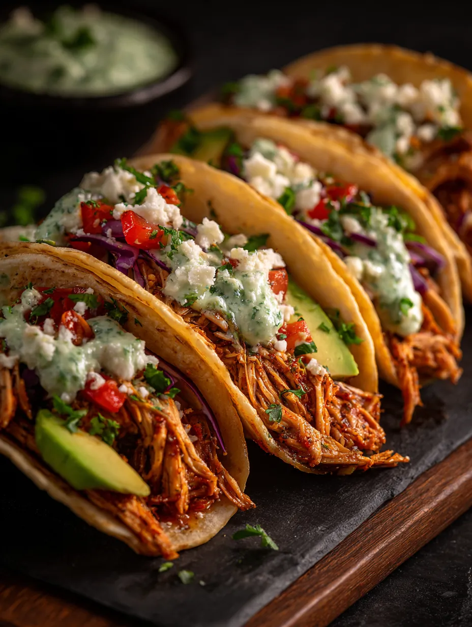 A plate of shredded chicken tacos with creamy chimichurri sauce.