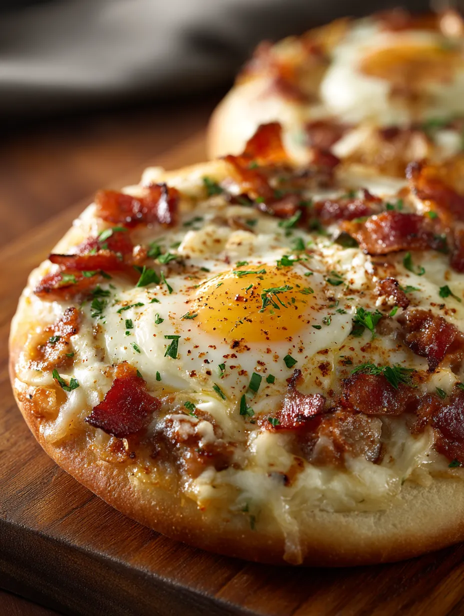 A breakfast pizza with bacon and an egg on top.
