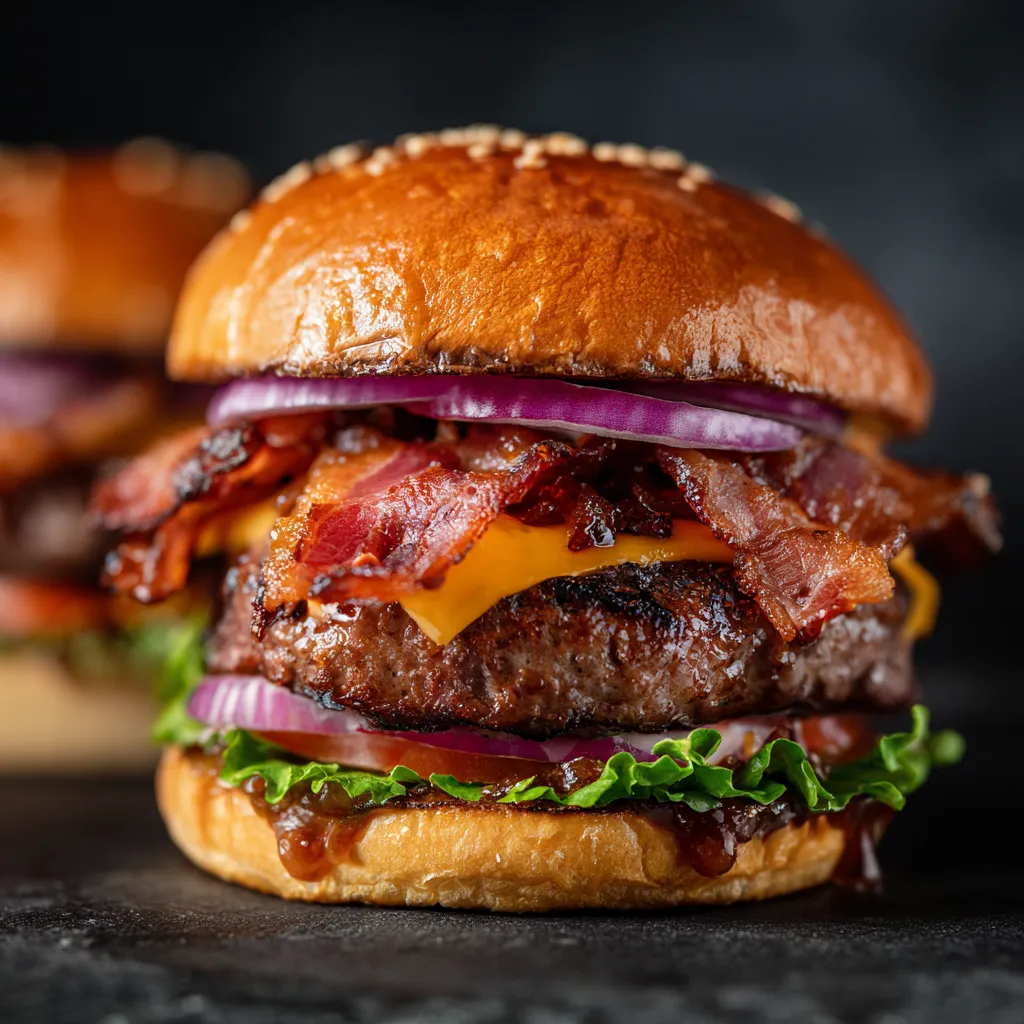Bacon burgers with bacon onion balsamic jam.