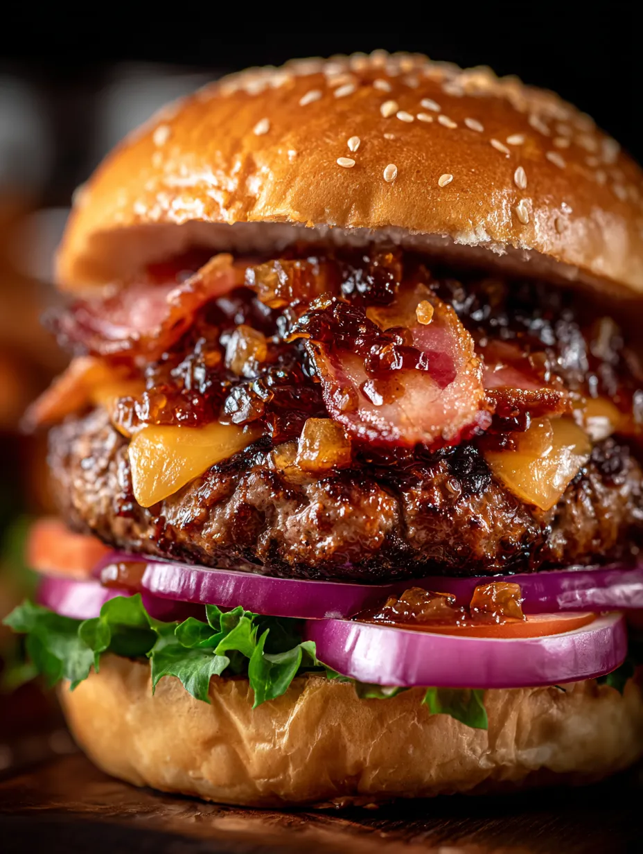 A burger with bacon and onion balsamic jam.