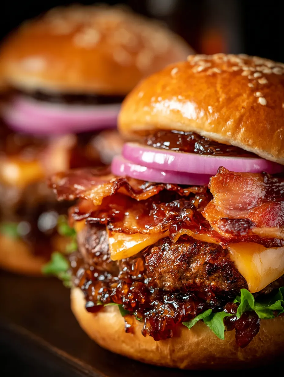 A close up of a bacon burger with bacon onion balsamic jam.