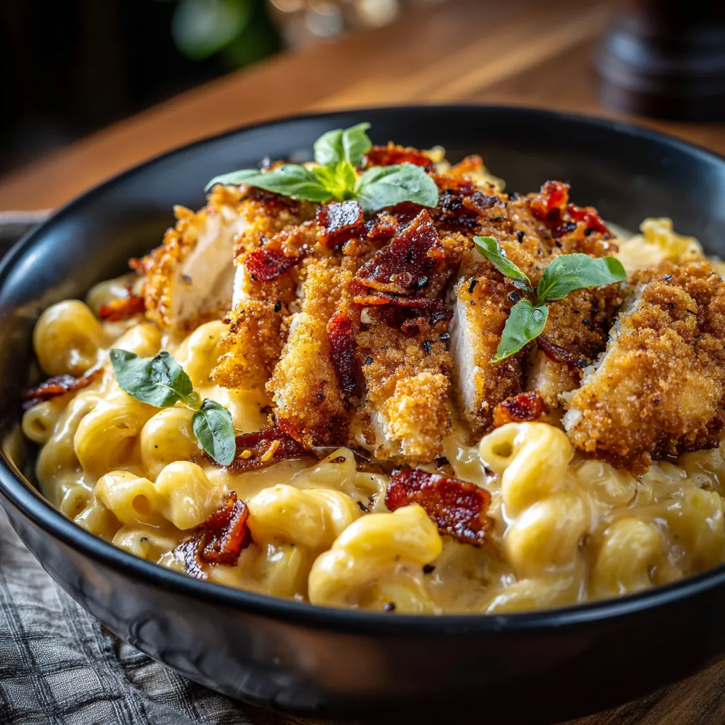 A bowl of food with chicken, macaroni, and cheese.