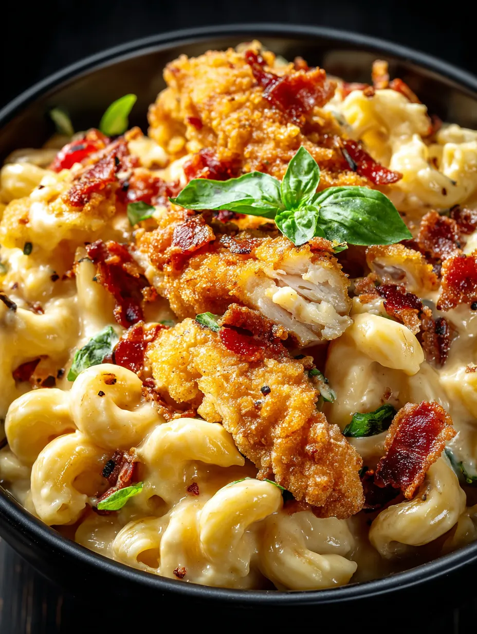 A bowl of honey pepper chicken mac and cheese.