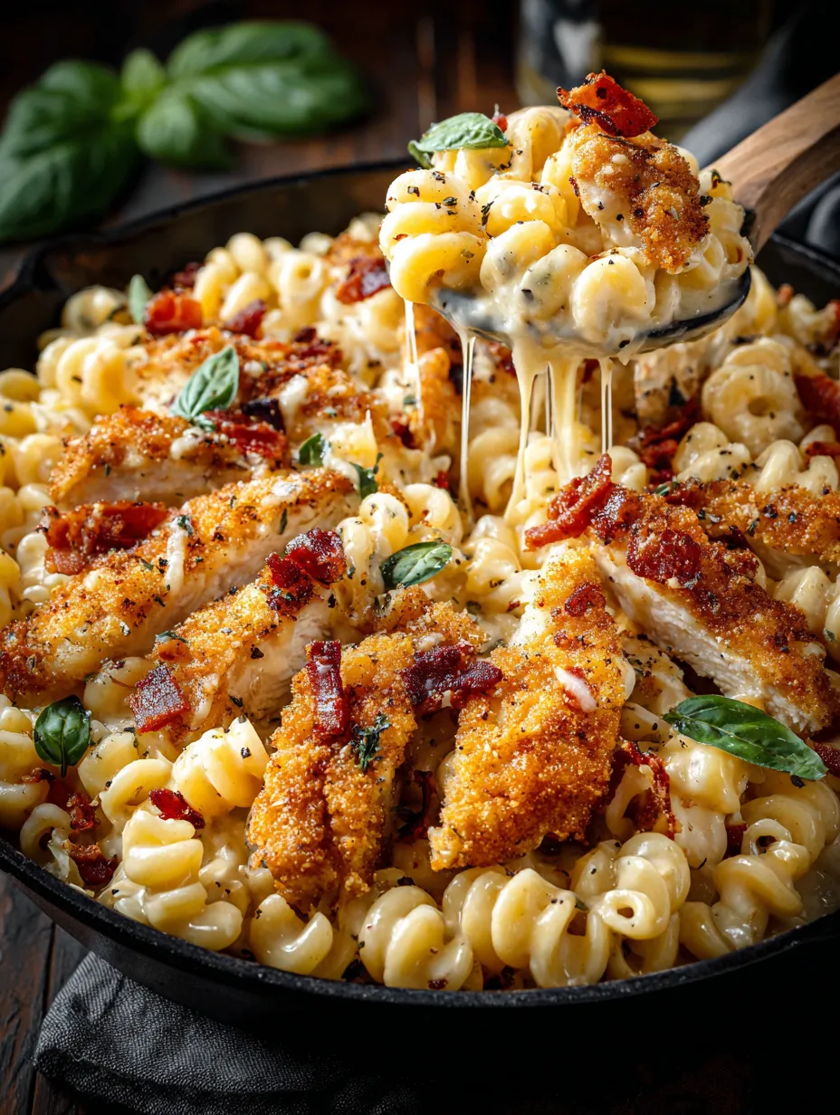 A close up of a delicious honey pepper chicken mac and cheese.