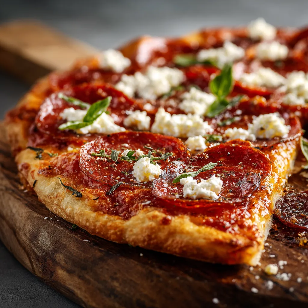 A slice of pizza with pepperoni and ricotta cheese.