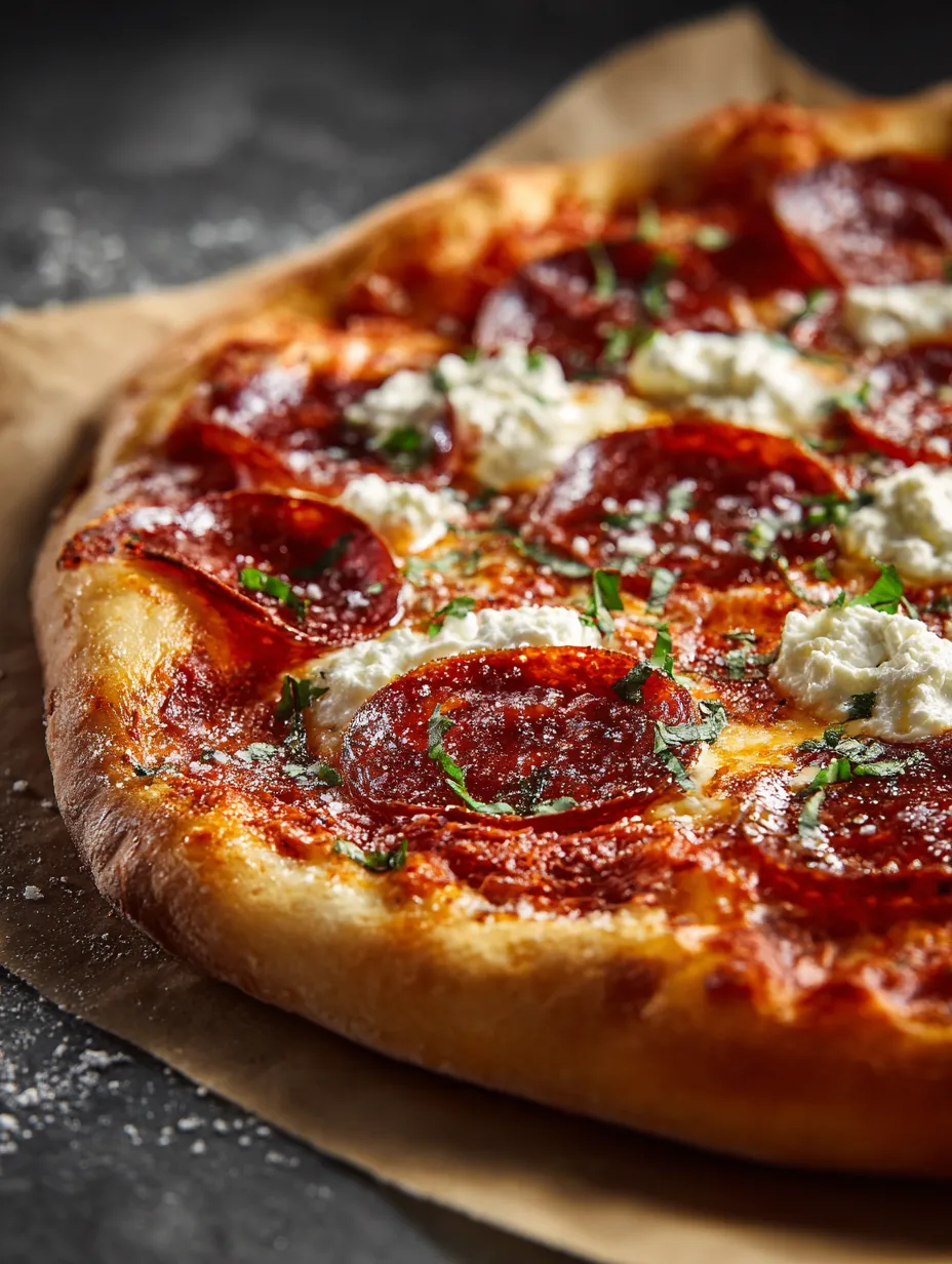 A pizza with pepperoni and ricotta cheese.