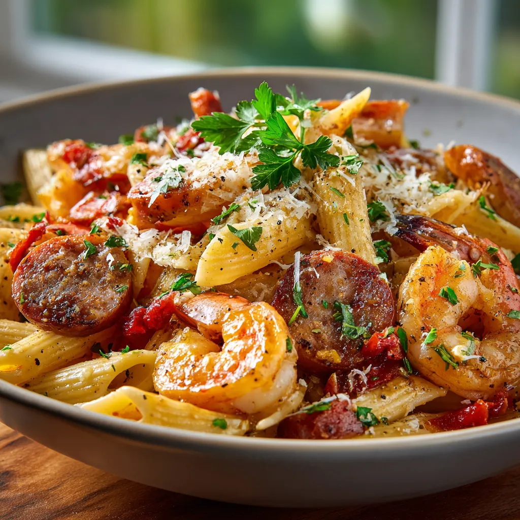 A bowl of Cajun Shrimp and Sausage Pasta.