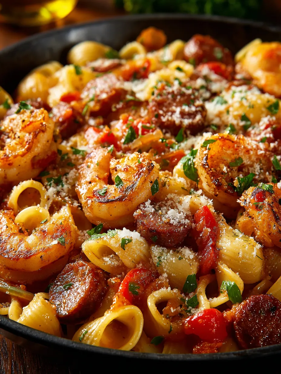 A bowl of Cajun Shrimp and Sausage Pasta.