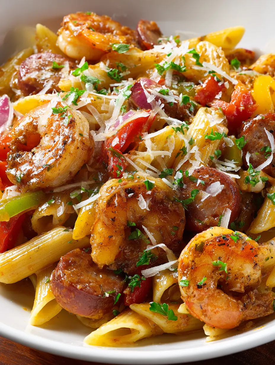 A plate of Cajun Shrimp and Sausage Pasta.
