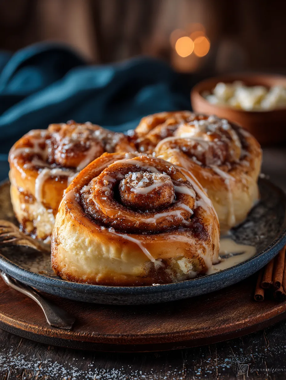 A plate of cinnamon rolls with icing.