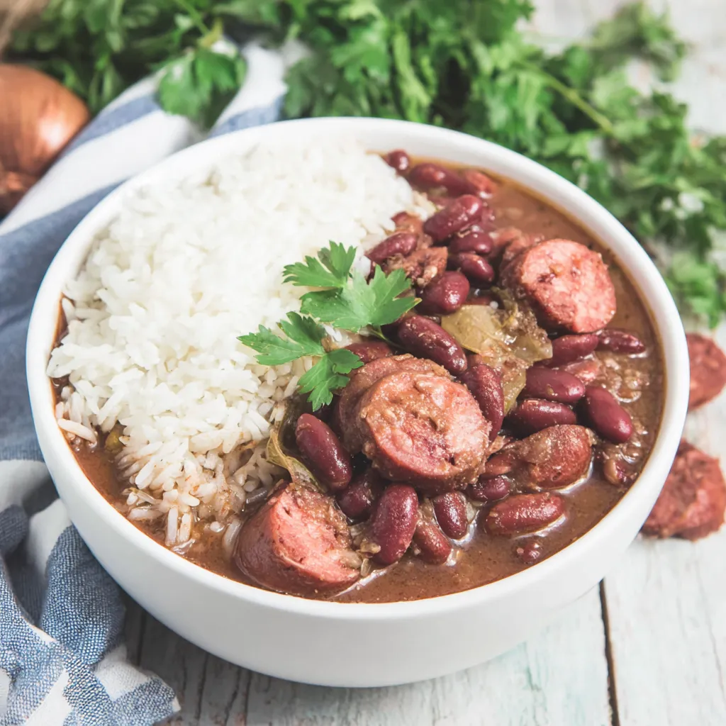 A bowl of slow cooker Cajun red beans and rice.