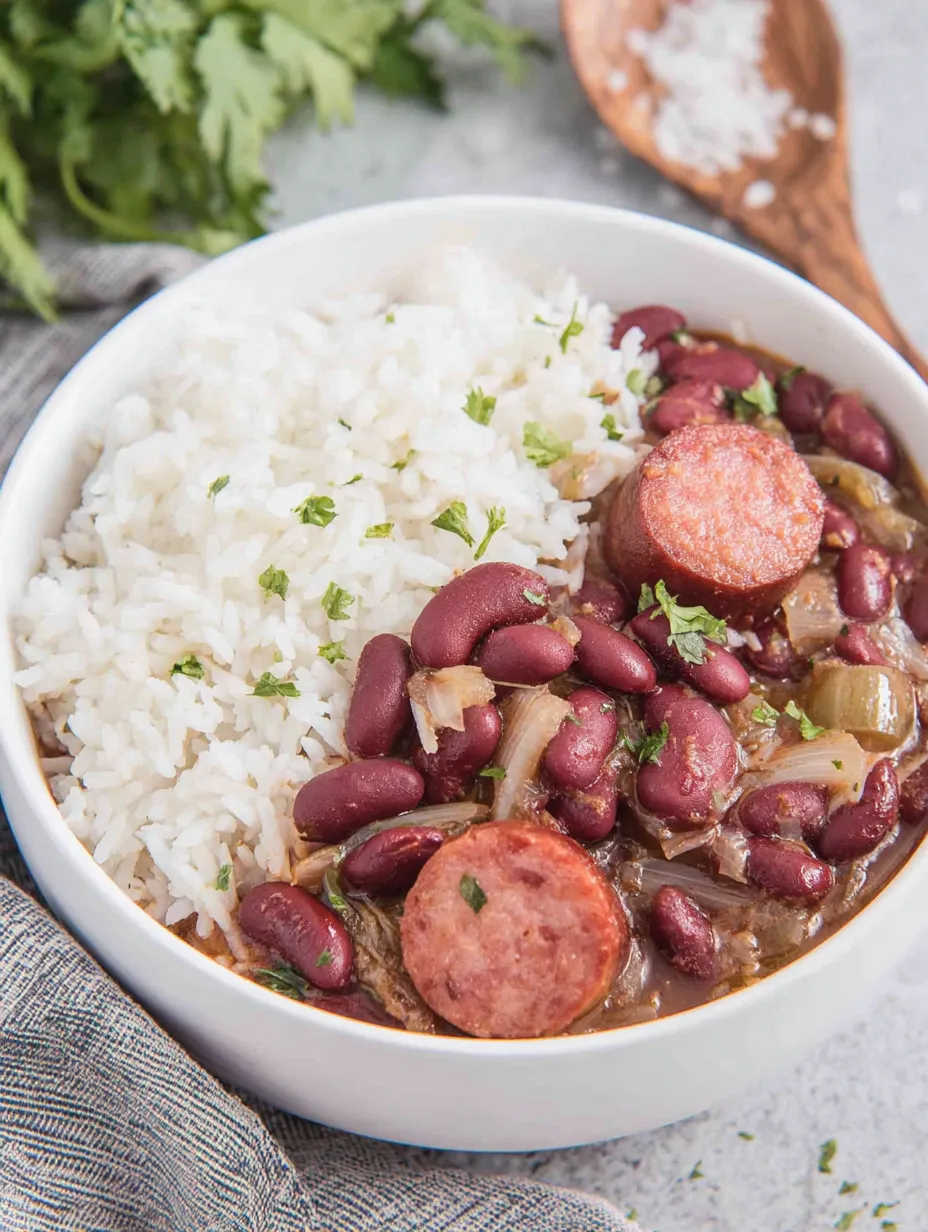 A bowl of slow cooker Cajun red beans and rice.