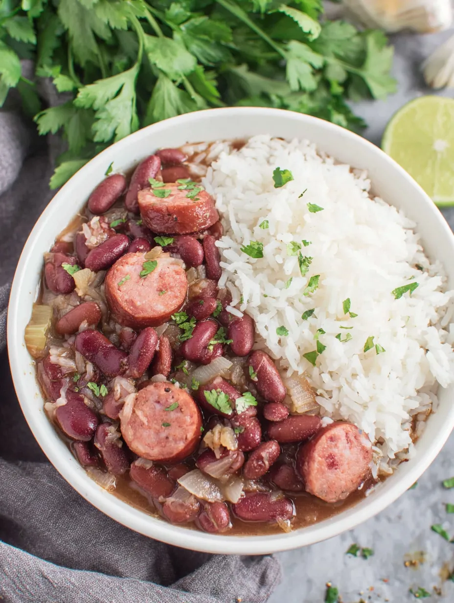 A bowl of Cajun red beans and rice.