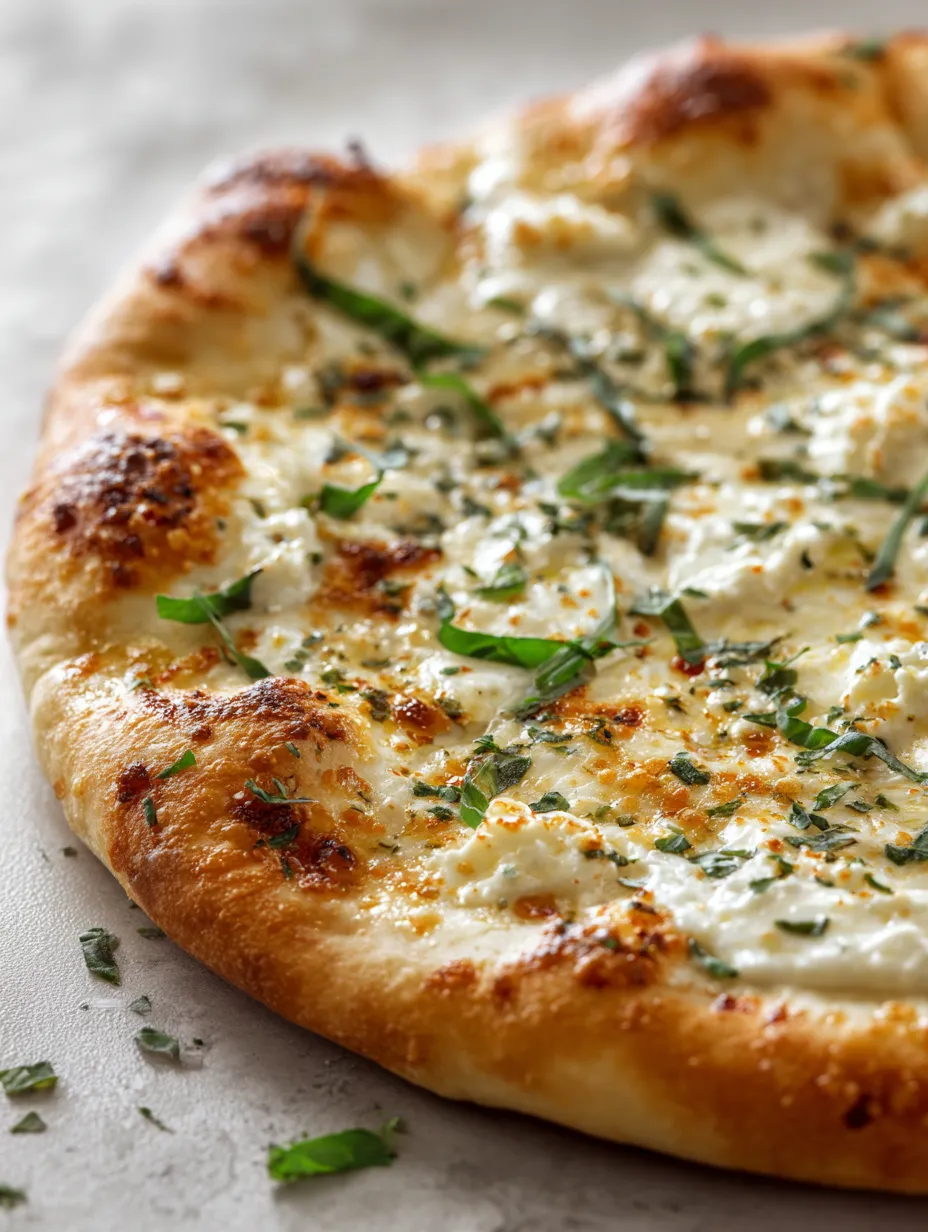 A white pizza with garlic pizza sauce.