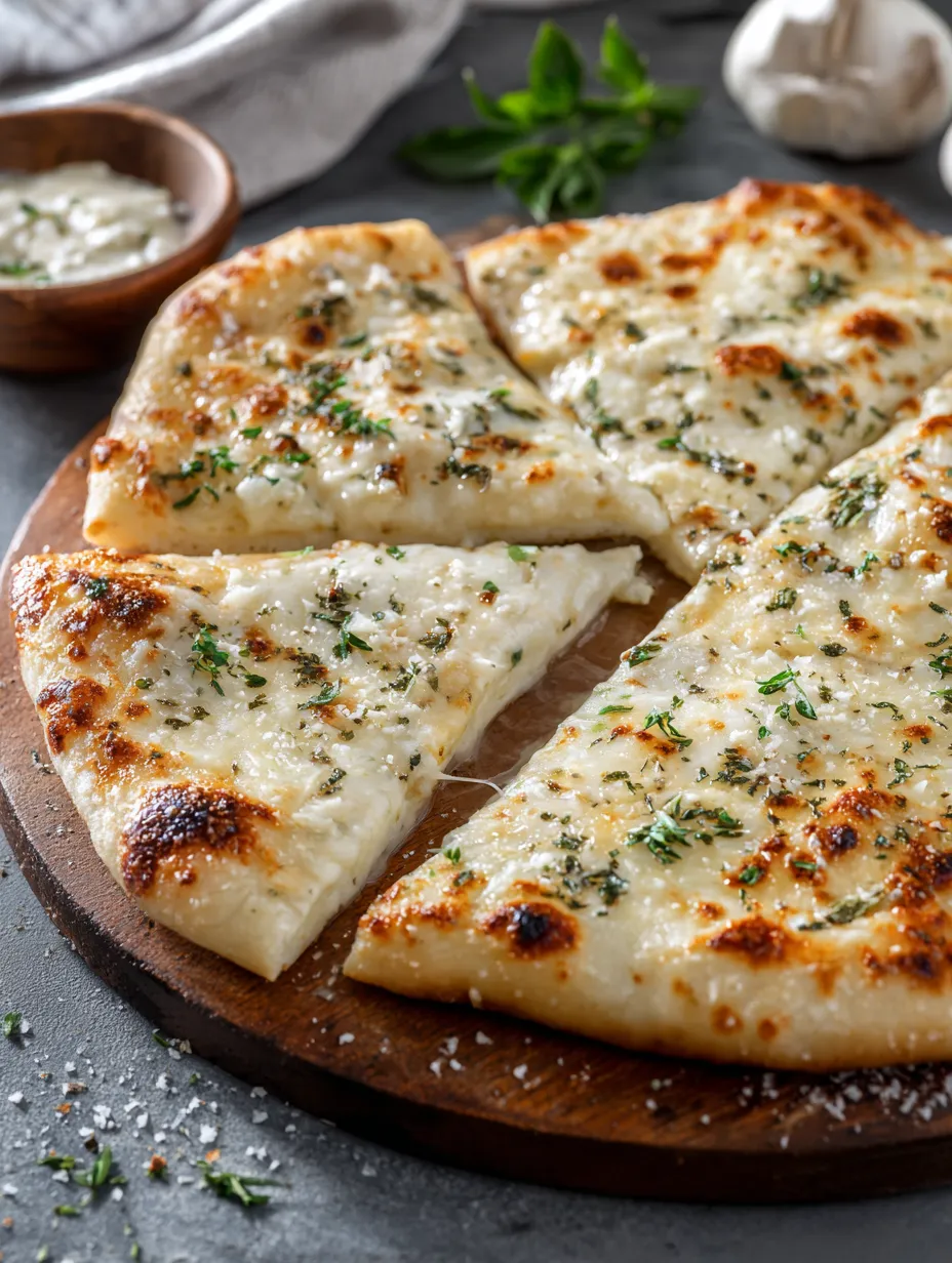 A white pizza with garlic pizza sauce.