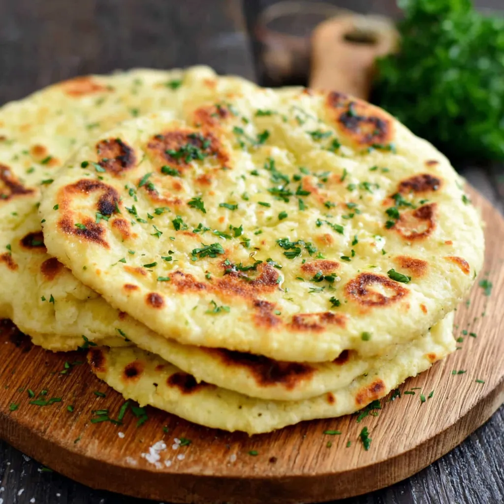 A stack of flatbreads with herbs on top.