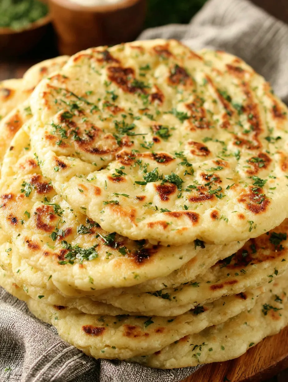 A stack of flatbreads with green herbs on top.