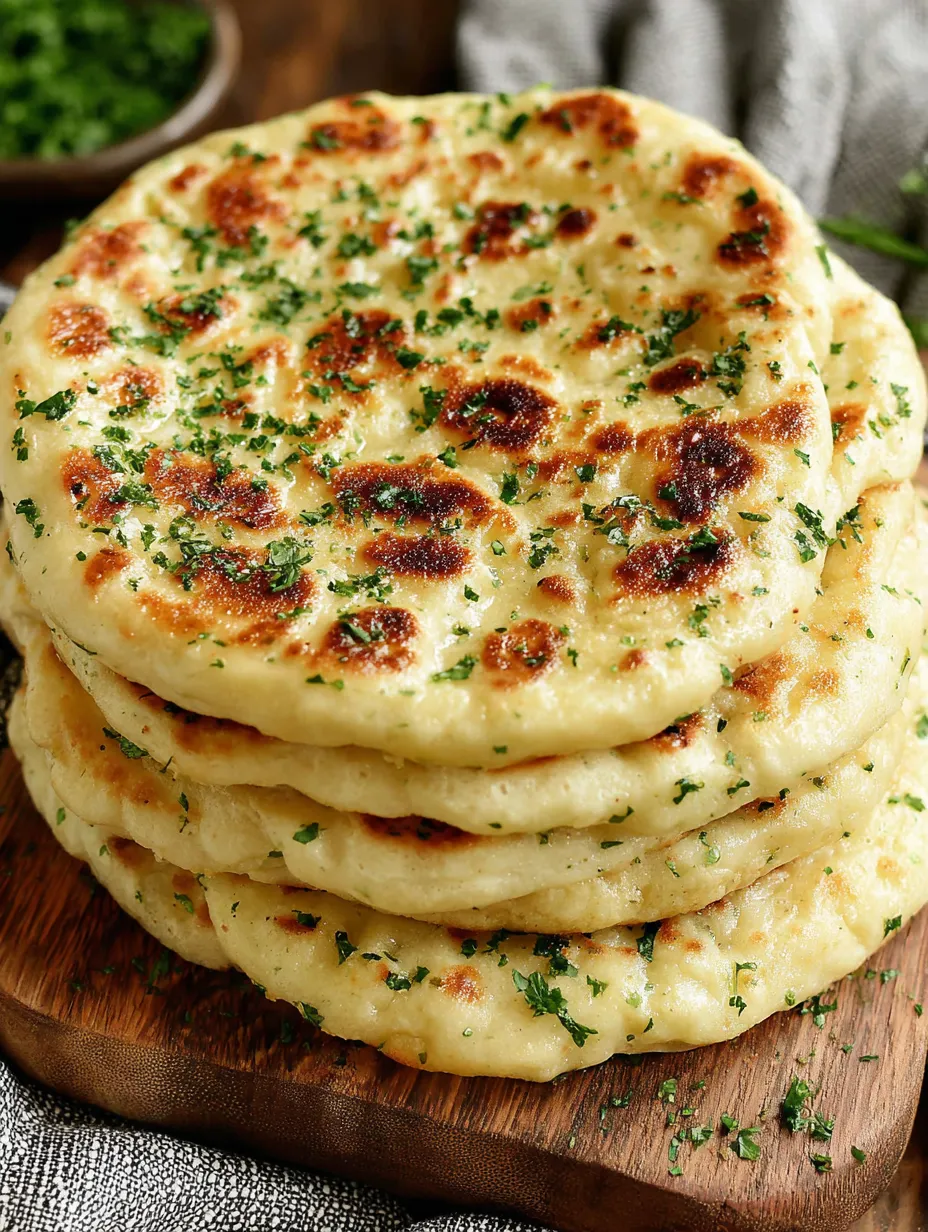 A stack of flatbreads with green herbs on top.