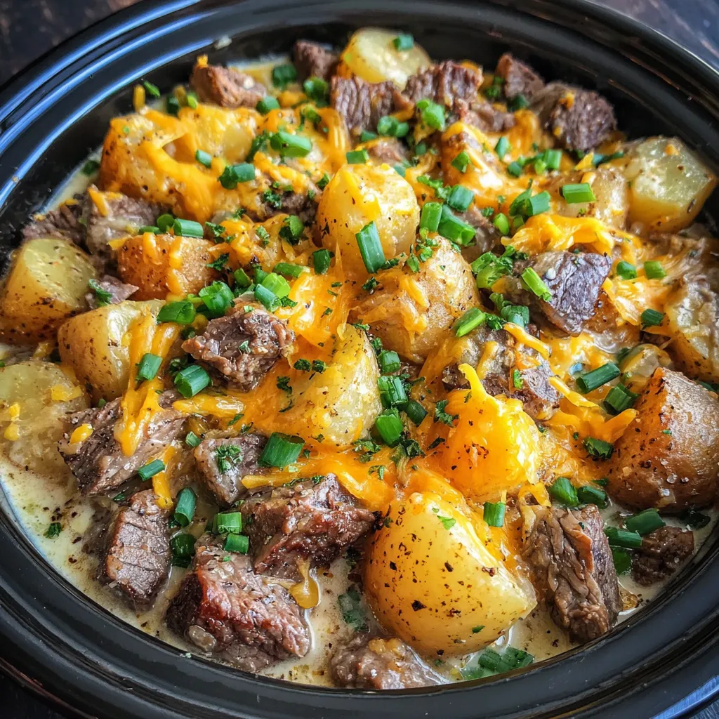 A bowl of slow cooker steak and cheddar potato casserole.