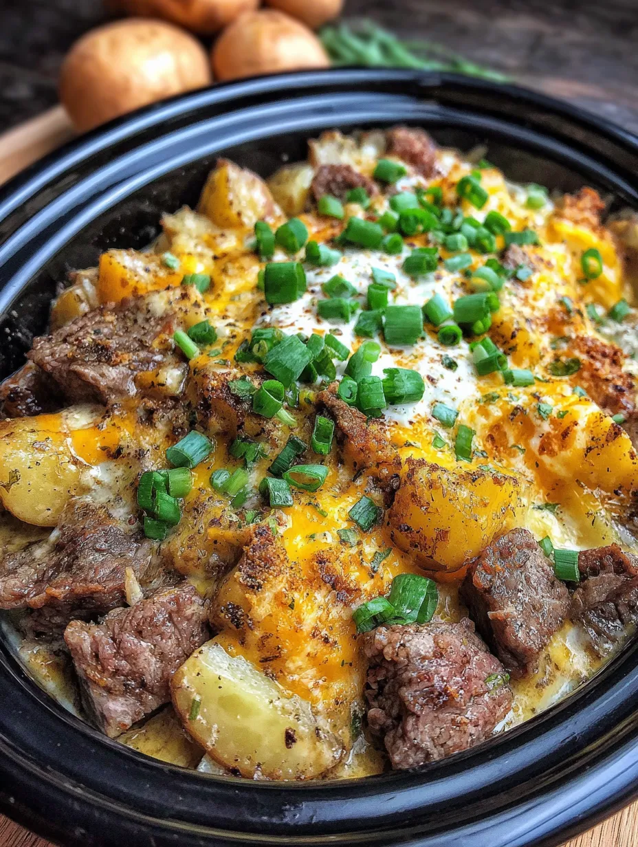 A close up of a delicious slow cooker steak and cheddar potato casserole.