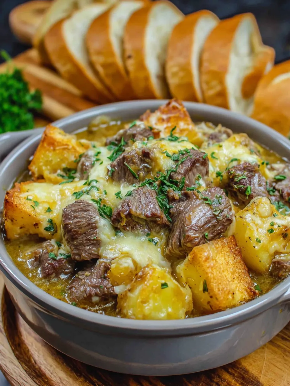 A bowl of slow cooker steak and cheddar potato casserole.