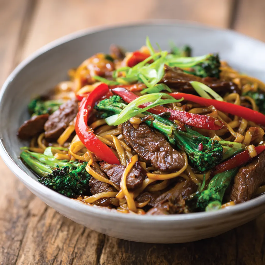 A bowl of beef noodles with peppers and onions.