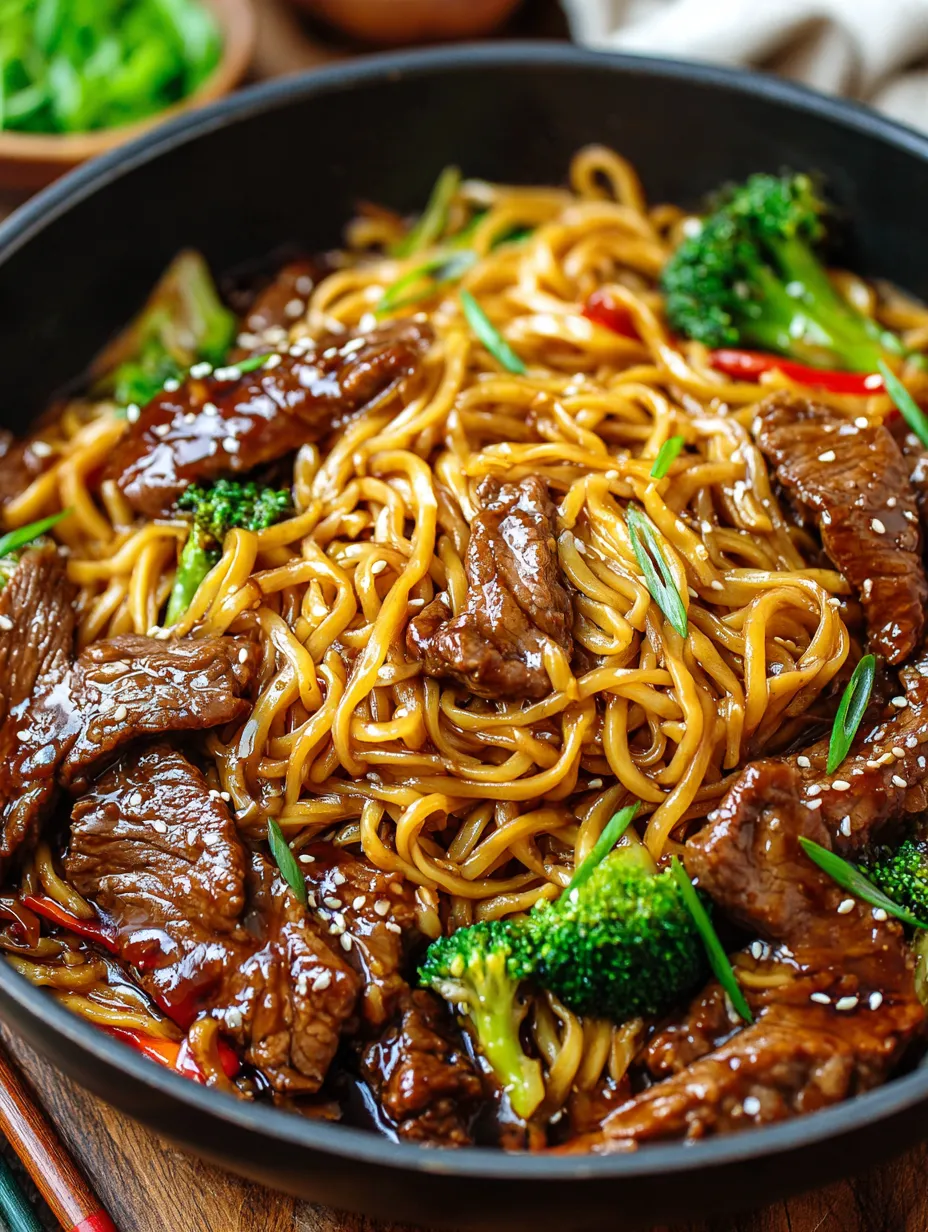 A bowl of beef noodles with broccoli and red peppers.