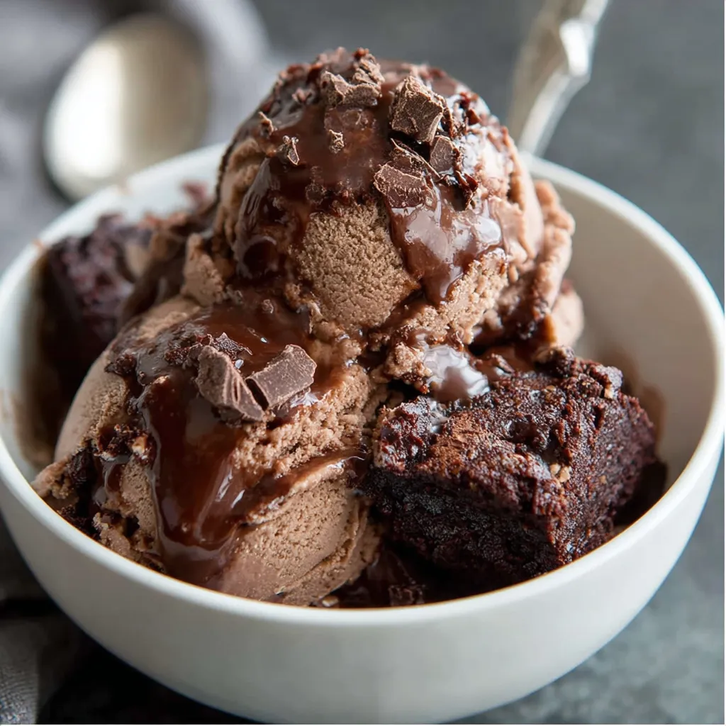 A bowl of ice cream with chocolate swirls and brownies.