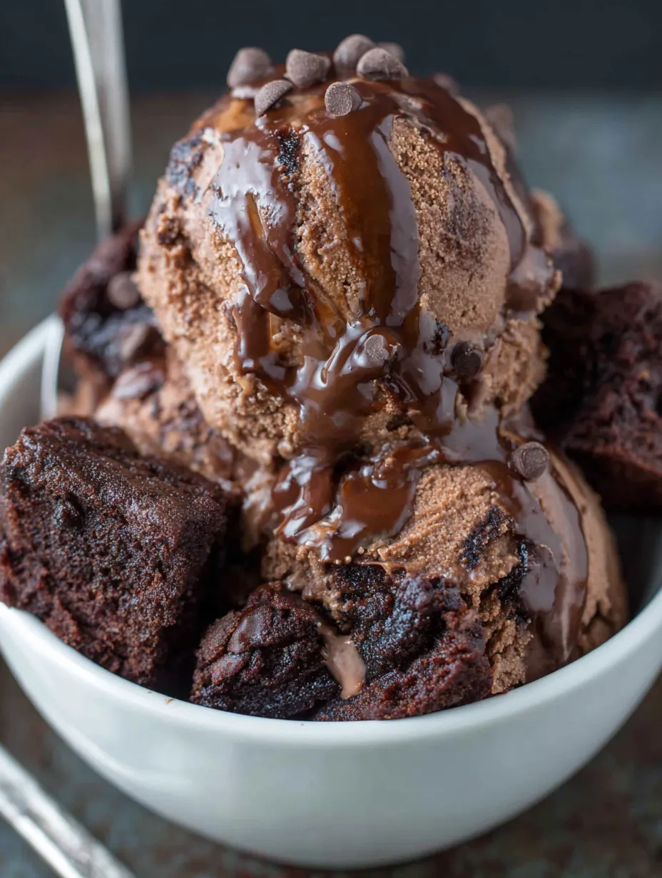 A bowl of chocolate ice cream with chocolate swirls.