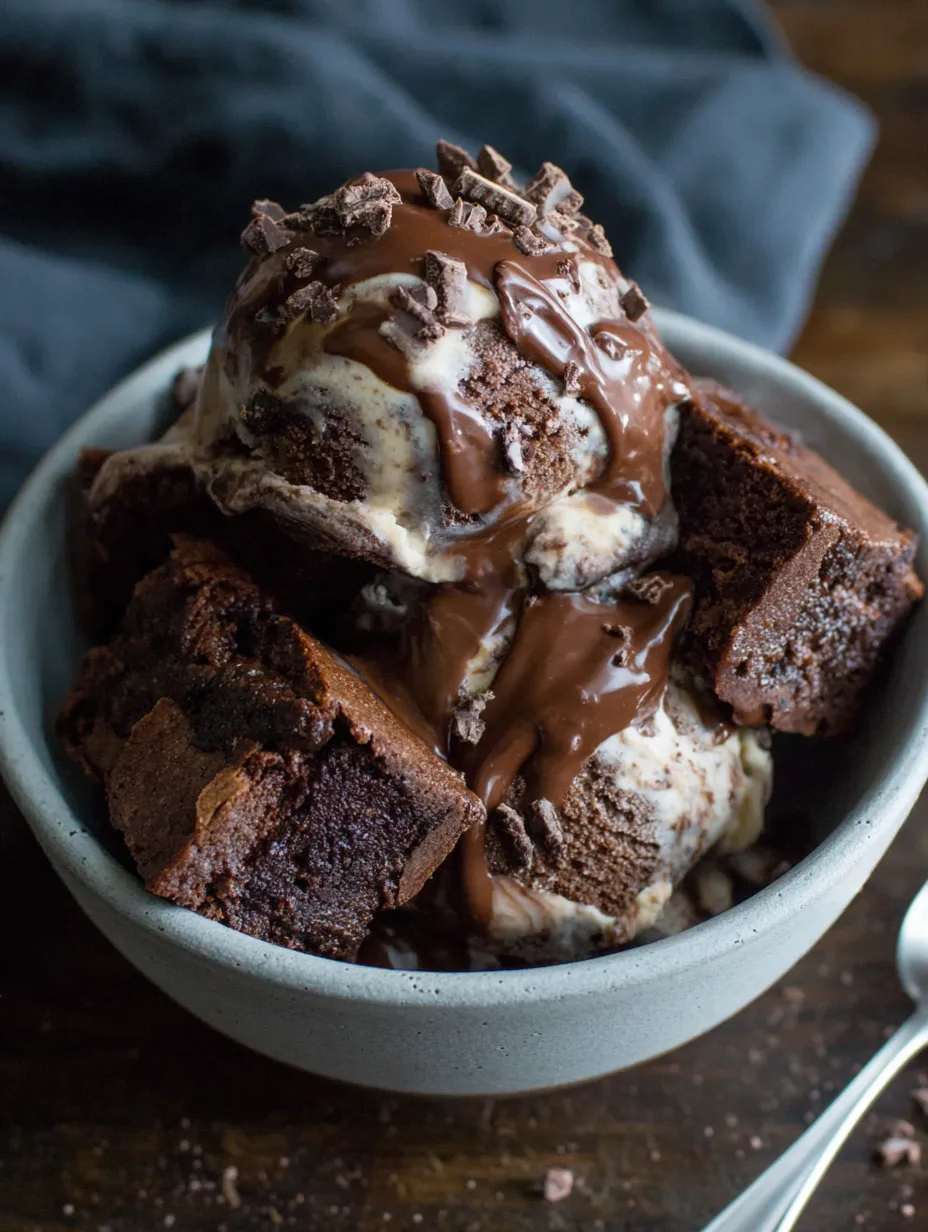 A bowl of chocolate swirl ice cream with brownies.