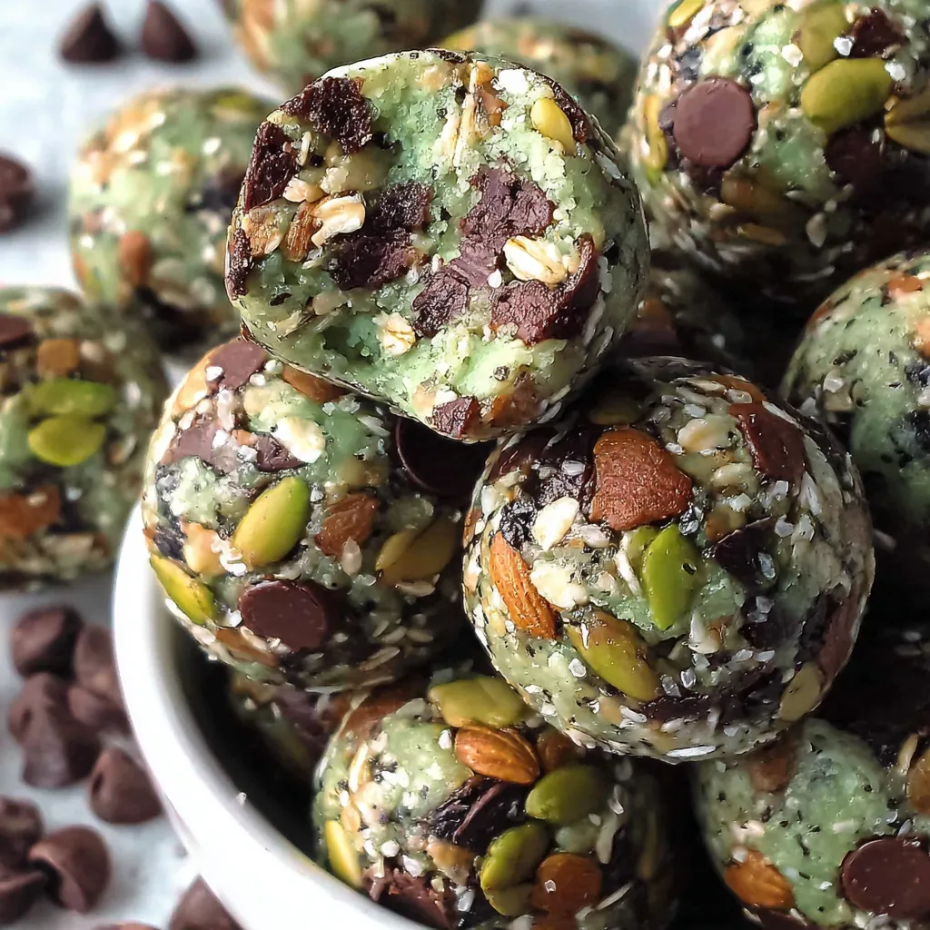 A bowl of mint chocolate chip protein balls.